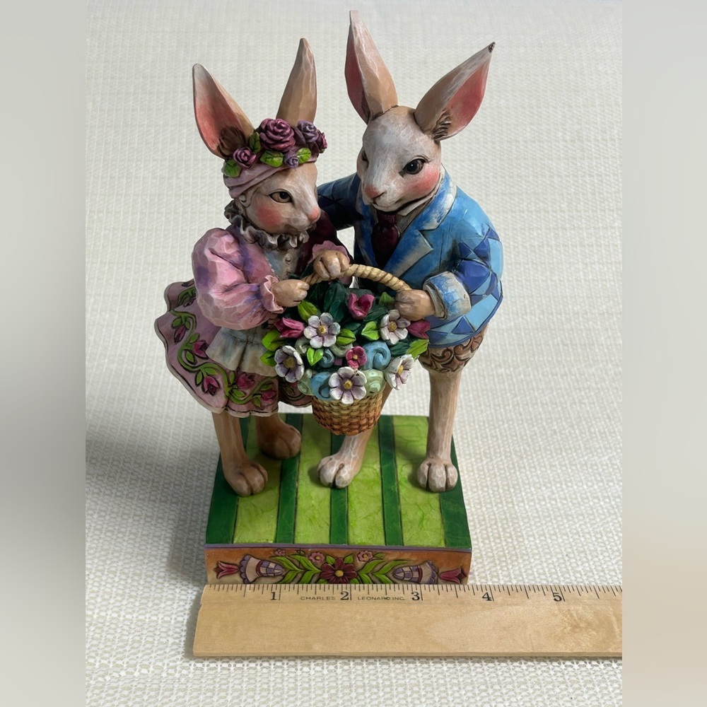 Jim Shore Pink & Blue Bunny Couple with Flower Basket Figurine - Picture 5 of 6
